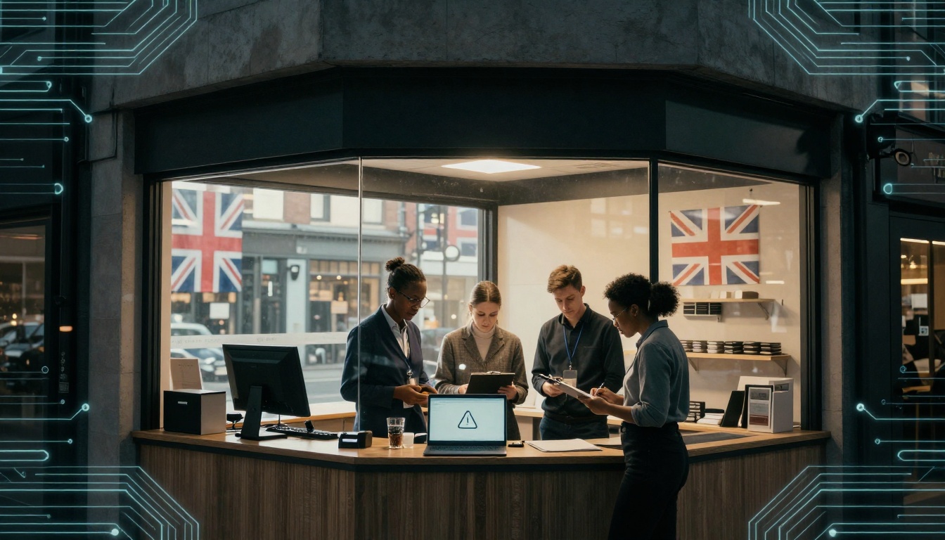 Four people are gathered around a wooden counter in an office with large windows. They are looking at documents and a laptop with a warning symbol. The room has Union Jack flags on the walls, and digital circuit patterns are overlaid on the image.