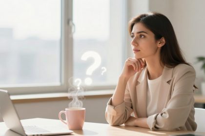 A woman in a beige blazer sits at a desk, gazing thoughtfully out the window. A laptop and steaming mug are in front of her, with question marks floating above.
