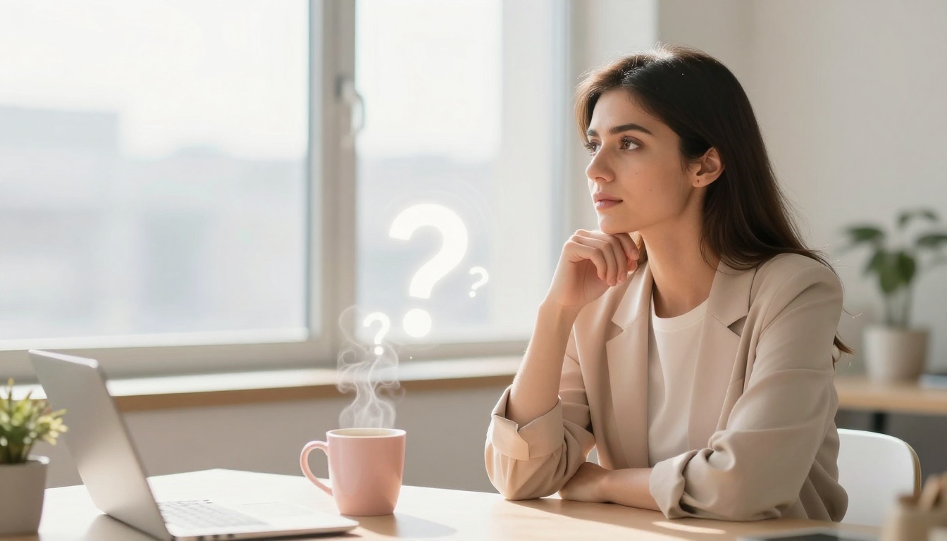 A woman in a beige blazer sits at a desk, gazing thoughtfully out the window. A laptop and steaming mug are in front of her, with question marks floating above.