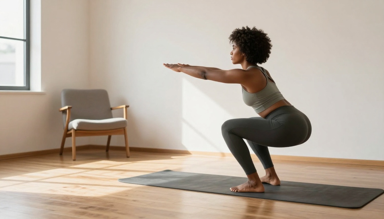 A person in athletic wear performs a squat on a yoga mat in a bright room. A window and a gray chair are visible in the background.