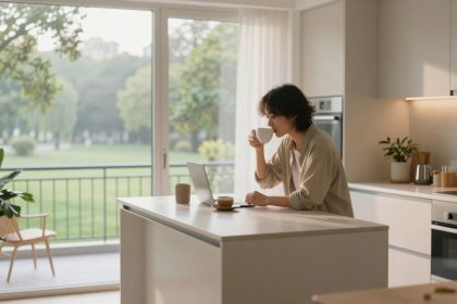 A person sips from a mug while working on a laptop at a kitchen island. The kitchen is bright, with a view of a green park through large glass doors. A potted plant and chair are visible outside.