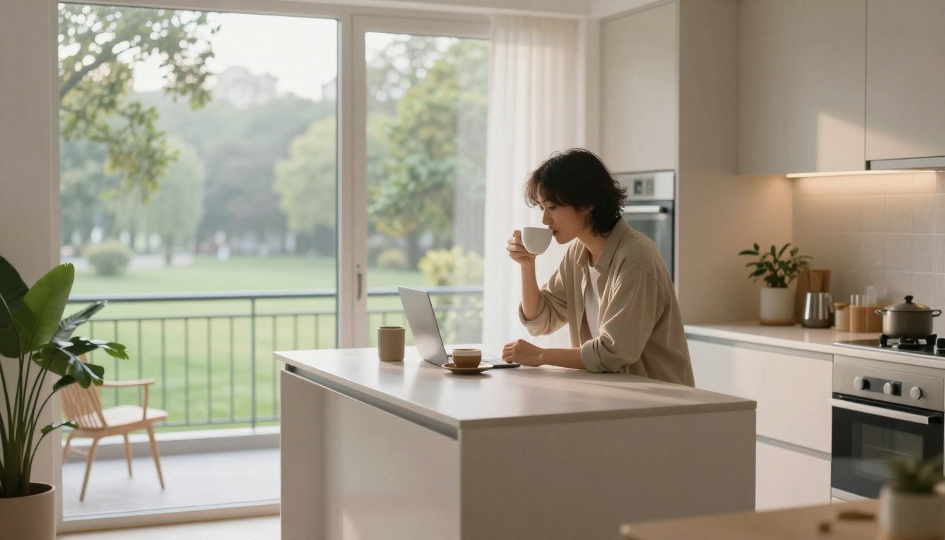 A person sips from a mug while working on a laptop at a kitchen island. The kitchen is bright, with a view of a green park through large glass doors. A potted plant and chair are visible outside.