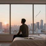 A person sits on a bed in a modern bedroom, looking out a large window at a city skyline during sunset. An open book and a cup are on the bed.