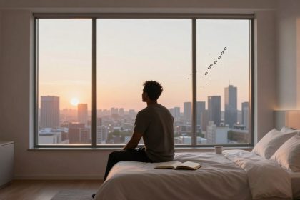 A person sits on a bed in a modern bedroom, looking out a large window at a city skyline during sunset. An open book and a cup are on the bed.