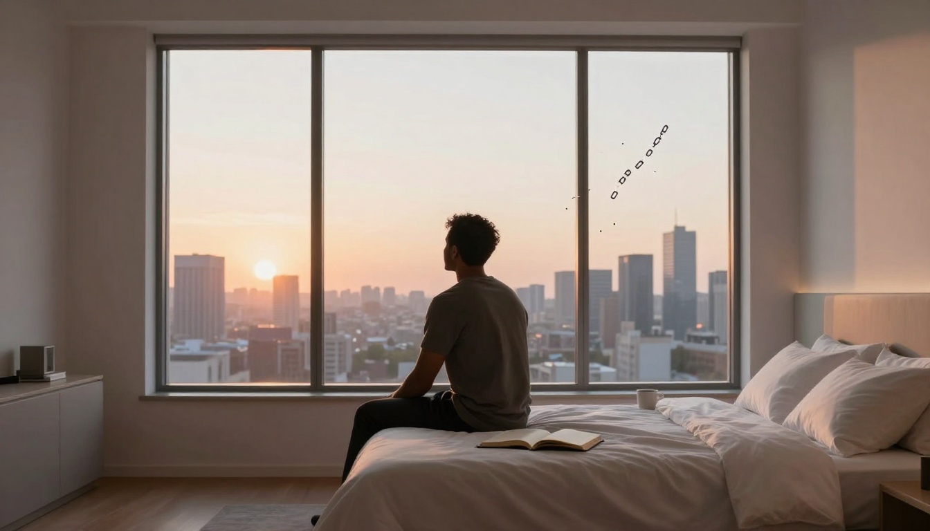 A person sits on a bed in a modern bedroom, looking out a large window at a city skyline during sunset. An open book and a cup are on the bed.