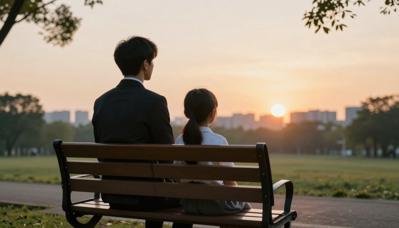 A man in a suit and a child sit on a park bench, facing a sunset. Trees and distant buildings are silhouetted against the sky.