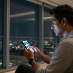 A man in a light shirt sits in a modern room at night, looking at a smartphone displaying a photo. A cityscape is visible through large windows.