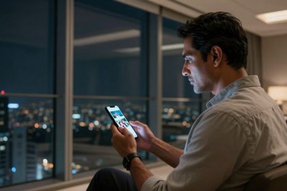 A man in a light shirt sits in a modern room at night, looking at a smartphone displaying a photo. A cityscape is visible through large windows.