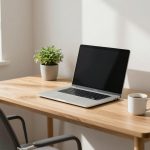 A minimalist workspace with a wooden desk, featuring an open laptop, two potted plants, and a white coffee mug. A gray chair is positioned nearby, and natural light streams in from a window on the left.