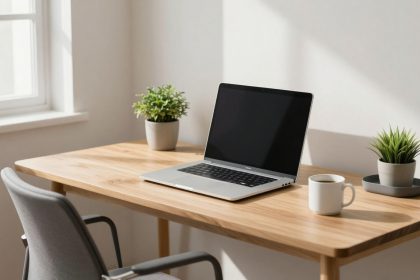 A minimalist workspace with a wooden desk, featuring an open laptop, two potted plants, and a white coffee mug. A gray chair is positioned nearby, and natural light streams in from a window on the left.