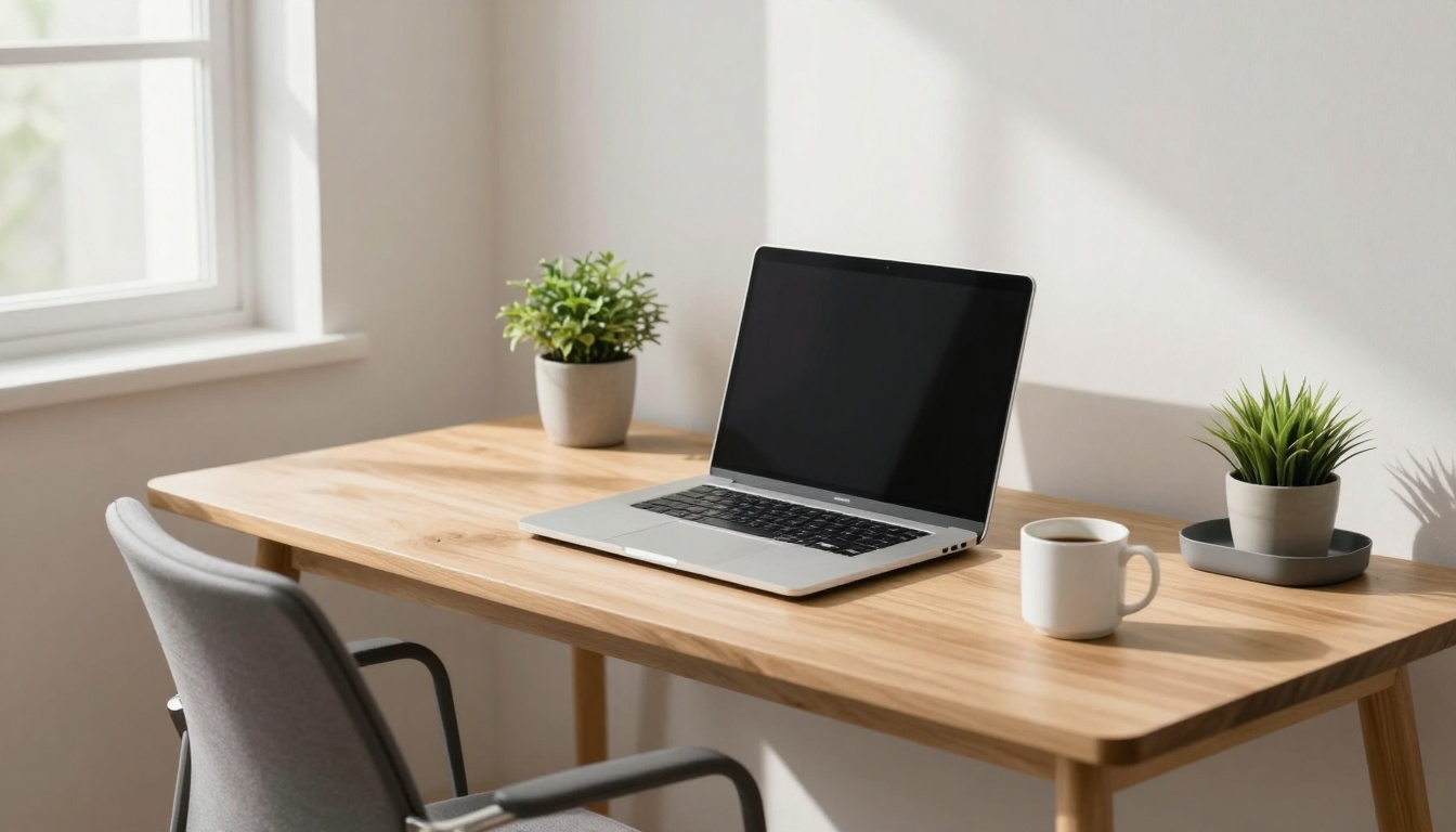 A minimalist workspace with a wooden desk, featuring an open laptop, two potted plants, and a white coffee mug. A gray chair is positioned nearby, and natural light streams in from a window on the left.