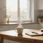 A steaming mug on a wooden kitchen table with an open notebook and pen. Sunlight filters through a window onto the countertop with kitchen utensils and a potted plant.