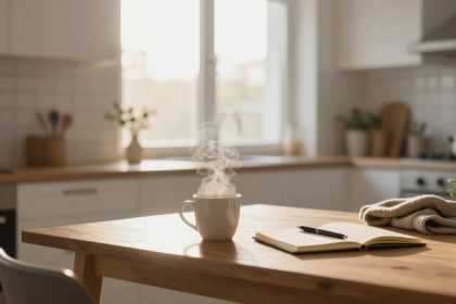A steaming mug on a wooden kitchen table with an open notebook and pen. Sunlight filters through a window onto the countertop with kitchen utensils and a potted plant.