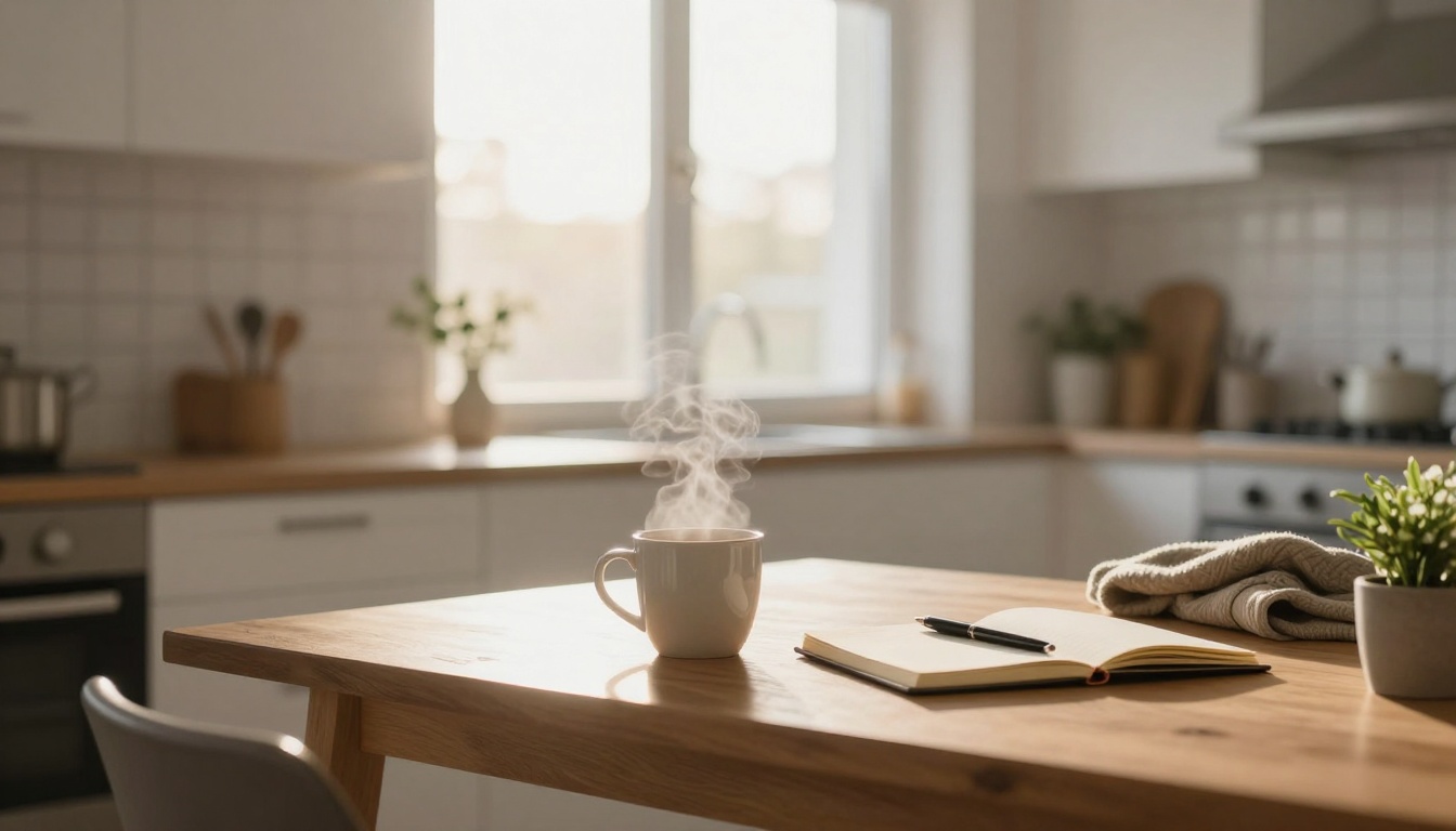 A steaming mug on a wooden kitchen table with an open notebook and pen. Sunlight filters through a window onto the countertop with kitchen utensils and a potted plant.