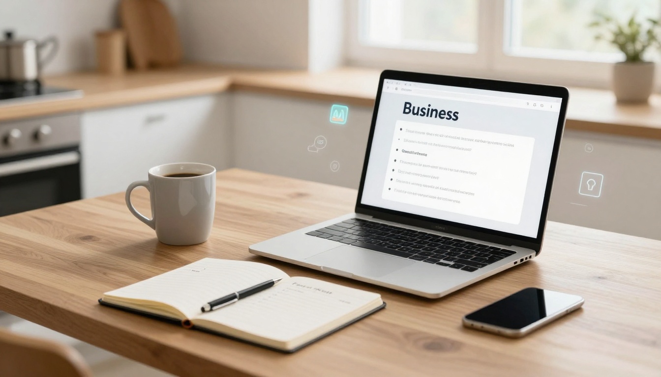 A laptop displaying a business document on a wooden table beside a notebook with a pen, a smartphone, and a mug of coffee. The setting is a bright kitchen with a stove and window in the background.