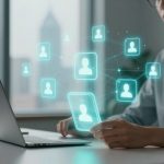 A person in a light blue shirt interacts with a laptop, holding a smartphone. Holographic icons of user profiles are connected in mid-air.