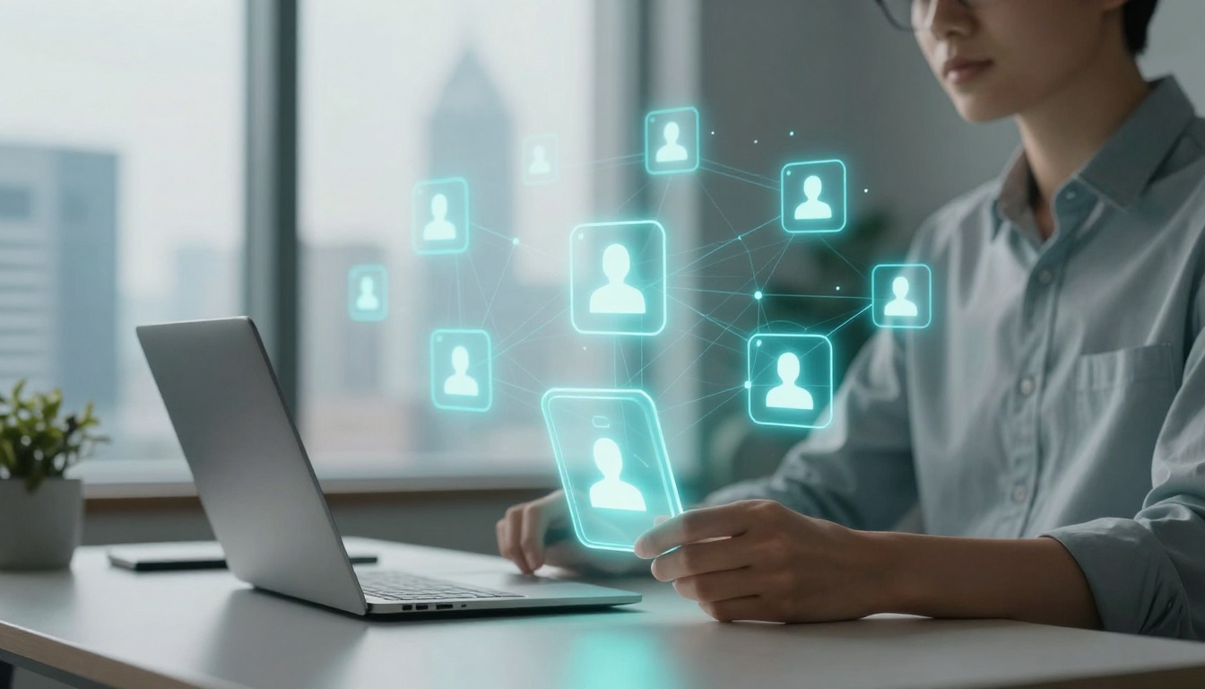 A person in a light blue shirt interacts with a laptop, holding a smartphone. Holographic icons of user profiles are connected in mid-air.