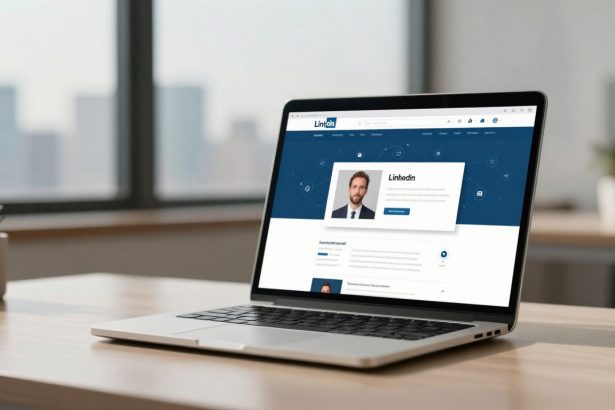 A laptop on a wooden desk displaying a LinkedIn profile page. The screen shows a profile photo of a man in a suit. A small potted plant is on the left. A large window in the background reveals a blurred cityscape.