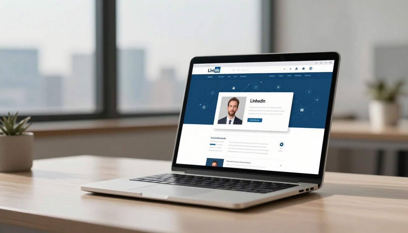 A laptop on a wooden desk displaying a LinkedIn profile page. The screen shows a profile photo of a man in a suit. A small potted plant is on the left. A large window in the background reveals a blurred cityscape.