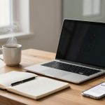A wooden desk with a steaming cup of coffee, an open notebook with a pen, a laptop, and a smartphone displaying text. A window in the background.