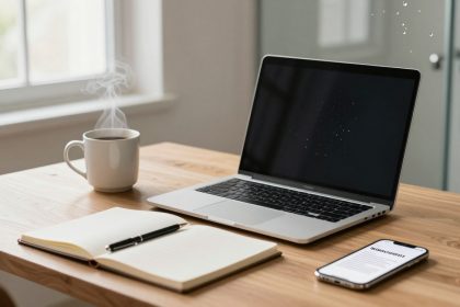 A wooden desk with a steaming cup of coffee, an open notebook with a pen, a laptop, and a smartphone displaying text. A window in the background.