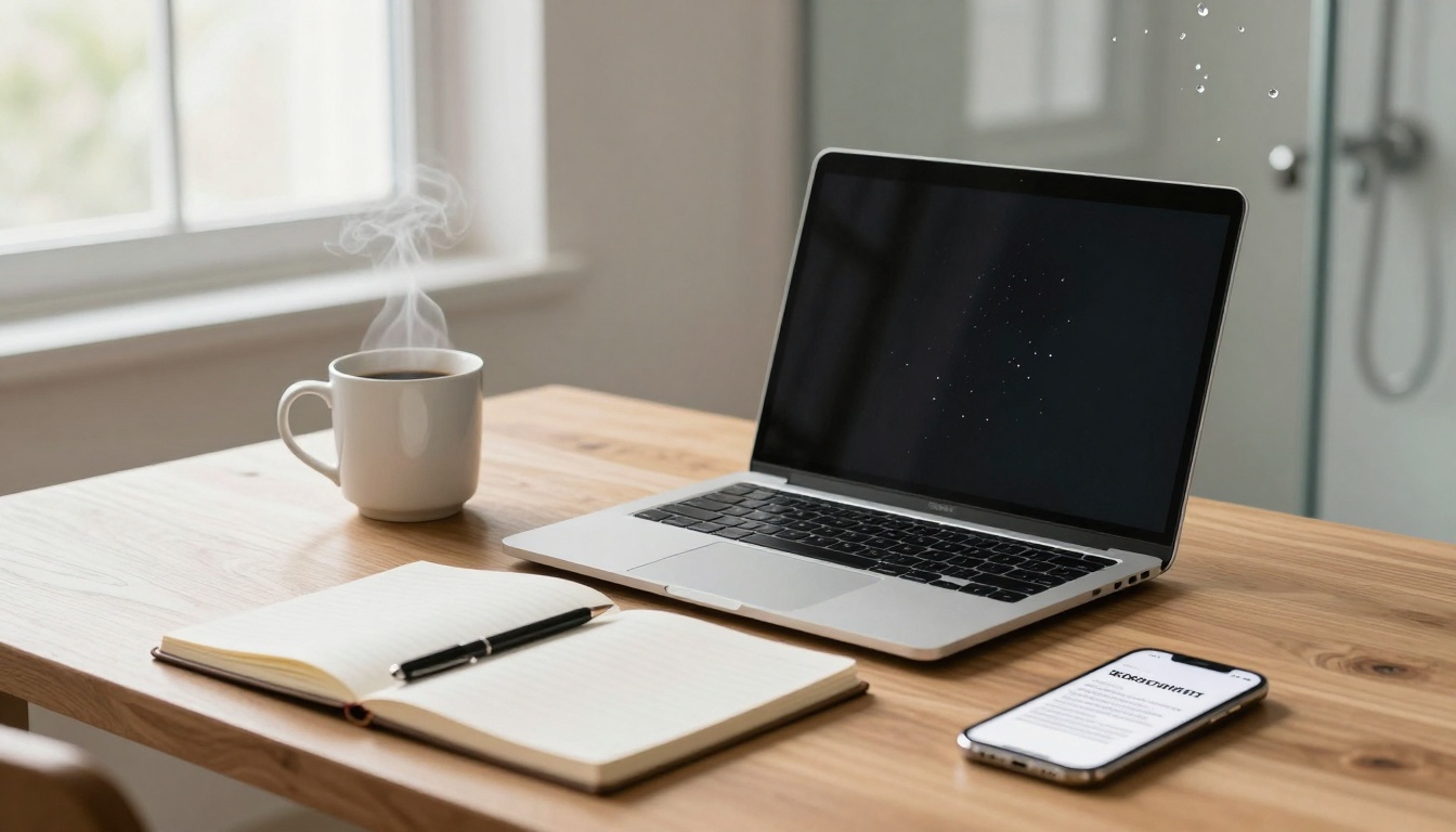 A wooden desk with a steaming cup of coffee, an open notebook with a pen, a laptop, and a smartphone displaying text. A window in the background.