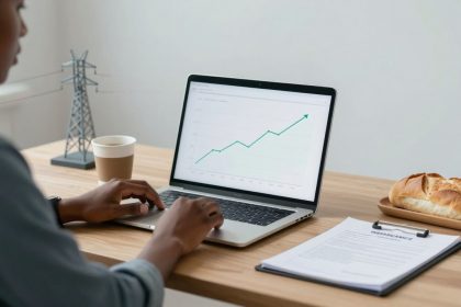 A person working on a laptop showing an upward trending graph. A model power line, coffee cup, bread on a tray, and papers on a clipboard are on the wooden desk.