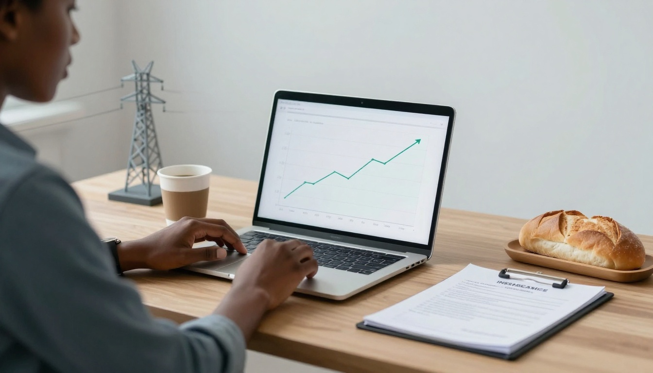 A person working on a laptop showing an upward trending graph. A model power line, coffee cup, bread on a tray, and papers on a clipboard are on the wooden desk.