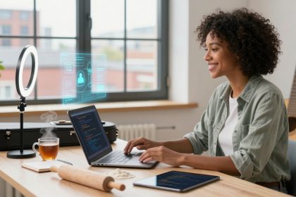 A person with curly hair smiles while typing on a laptop displaying code. A glowing ring light, tea, tablet, guitar, and holographic display are visible on the desk.