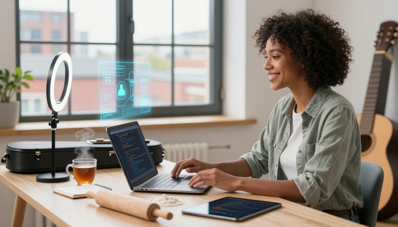 A person with curly hair smiles while typing on a laptop displaying code. A glowing ring light, tea, tablet, guitar, and holographic display are visible on the desk.