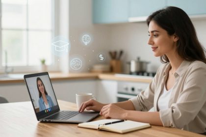 A woman sits at a table in a kitchen, engaged in a video call on her laptop. Icons of education, globe, and dollar signs are floating nearby. A notebook and coffee mug are also on the table.
