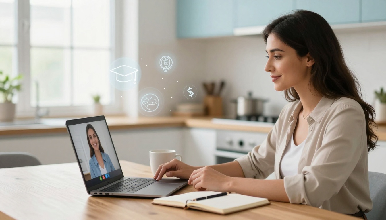 A woman sits at a table in a kitchen, engaged in a video call on her laptop. Icons of education, globe, and dollar signs are floating nearby. A notebook and coffee mug are also on the table.