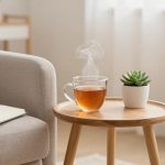 A cozy living room scene with a light beige sofa, an open notebook, and pen on it. A wooden round table holds a steaming cup of tea and a small potted succulent. A lit candle is on the floor nearby, with soft natural light filtering through sheer curtains in the background.