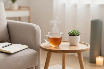 A cozy living room scene with a light beige sofa, an open notebook, and pen on it. A wooden round table holds a steaming cup of tea and a small potted succulent. A lit candle is on the floor nearby, with soft natural light filtering through sheer curtains in the background.