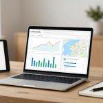 A laptop displaying analytics charts and a map on Looker Studio is on a wooden desk. It is flanked by two tablets showing GA and GA4 logos. A notebook and pen are nearby.