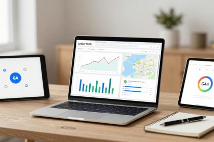 A laptop displaying analytics charts and a map on Looker Studio is on a wooden desk. It is flanked by two tablets showing GA and GA4 logos. A notebook and pen are nearby.