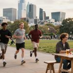 A group of people jogs on a paved path in a park, with a city skyline in the background. Nearby, three people sit at a wooden table enjoying drinks. Trees and grass surround the scene.