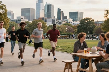 A group of people jogs on a paved path in a park, with a city skyline in the background. Nearby, three people sit at a wooden table enjoying drinks. Trees and grass surround the scene.