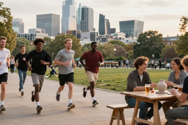 A group of people jogs on a paved path in a park, with a city skyline in the background. Nearby, three people sit at a wooden table enjoying drinks. Trees and grass surround the scene.