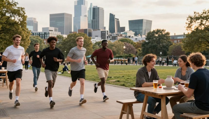 A group of people jogs on a paved path in a park, with a city skyline in the background. Nearby, three people sit at a wooden table enjoying drinks. Trees and grass surround the scene.