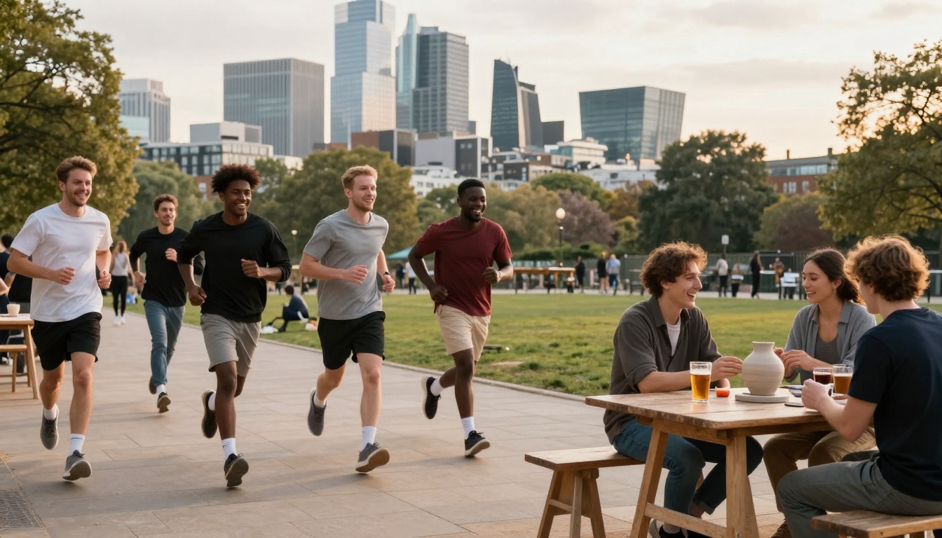 A group of people jogs on a paved path in a park, with a city skyline in the background. Nearby, three people sit at a wooden table enjoying drinks. Trees and grass surround the scene.