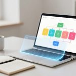 A laptop on a white desk displays a colorful flowchart. A notebook, pen, and two coffee cups are nearby. A window and plant are in the background.