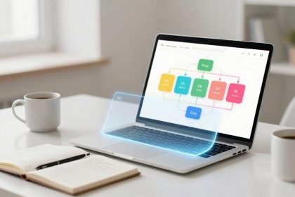 A laptop on a white desk displays a colorful flowchart. A notebook, pen, and two coffee cups are nearby. A window and plant are in the background.