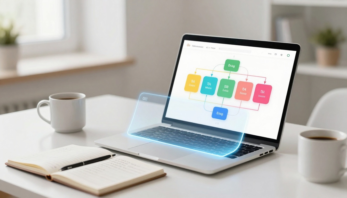 A laptop on a white desk displays a colorful flowchart. A notebook, pen, and two coffee cups are nearby. A window and plant are in the background.