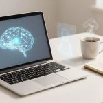 A laptop displaying a digital brain hologram sits on a white desk. Next to it, a steaming cup of coffee and an open notebook with a pen.