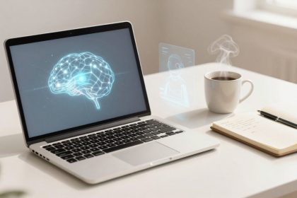 A laptop displaying a digital brain hologram sits on a white desk. Next to it, a steaming cup of coffee and an open notebook with a pen.