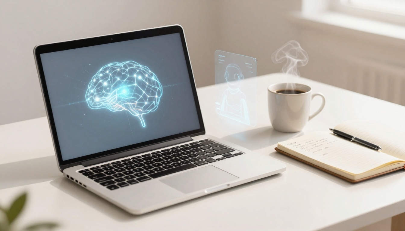 A laptop displaying a digital brain hologram sits on a white desk. Next to it, a steaming cup of coffee and an open notebook with a pen.