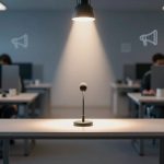 A microphone is illuminated on a desk under a hanging lamp in a modern office. People work at computers in the background, with megaphone icons on the walls.