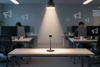 A microphone is illuminated on a desk under a hanging lamp in a modern office. People work at computers in the background, with megaphone icons on the walls.
