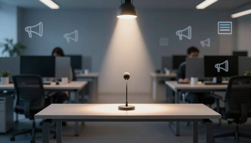 A microphone is illuminated on a desk under a hanging lamp in a modern office. People work at computers in the background, with megaphone icons on the walls.